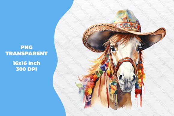 Horse with Sombrero Watercolor Graphics for Illustrations