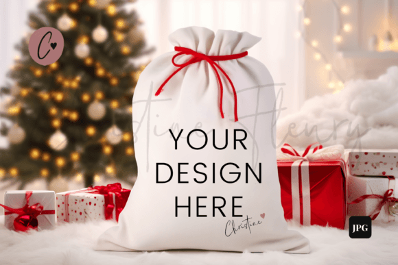 Santa Sack Mockup with Red Strings: Graphics for Christmas Amp